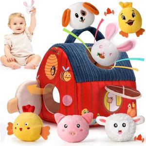 Alsatic Baby Toys for 1 Year Old, Surprise Barn Stuffed Farm Animals, Crinkle, Rattle, Mirror, Montessori Toys for One Year Old Boy Girl Gift, Perfect Baby Easter Basket Fillers for 1-3 Toddler