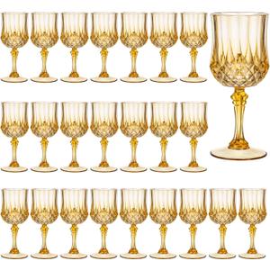 7OZ Plastic Wine Glasses, 24Pcs Amber Reusable Drinking Cups Vintage Champagne Flutes, Plastic Crystal Water Goblets for Parties Stemmed Shatterproof Drinking Glasses for Wedding, Toasting Party