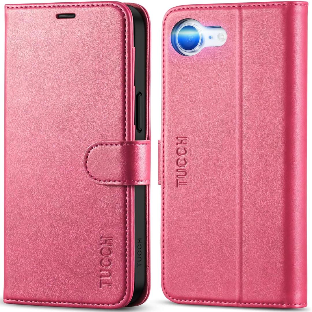 TUCCH Wallet Case for iPhone 16e, Kickstand PU Leather Magnetic Protective Flip Cover with [RFID Blocking] [4 Card Slots] [TPU Interior Case] Compatible with iPhone 16e 6.1" 5G, Hot Pink