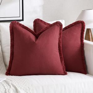 MIULEE Throw Pillow Covers Boho Farmhouse 24x24 Set of 2 Decorative Burgundy Red Couch with Fringe Chic Cotton Pillowcases Home Decor Accents for Cushion Soft Bed Living Room (24" x 24" (Pack of 2))
