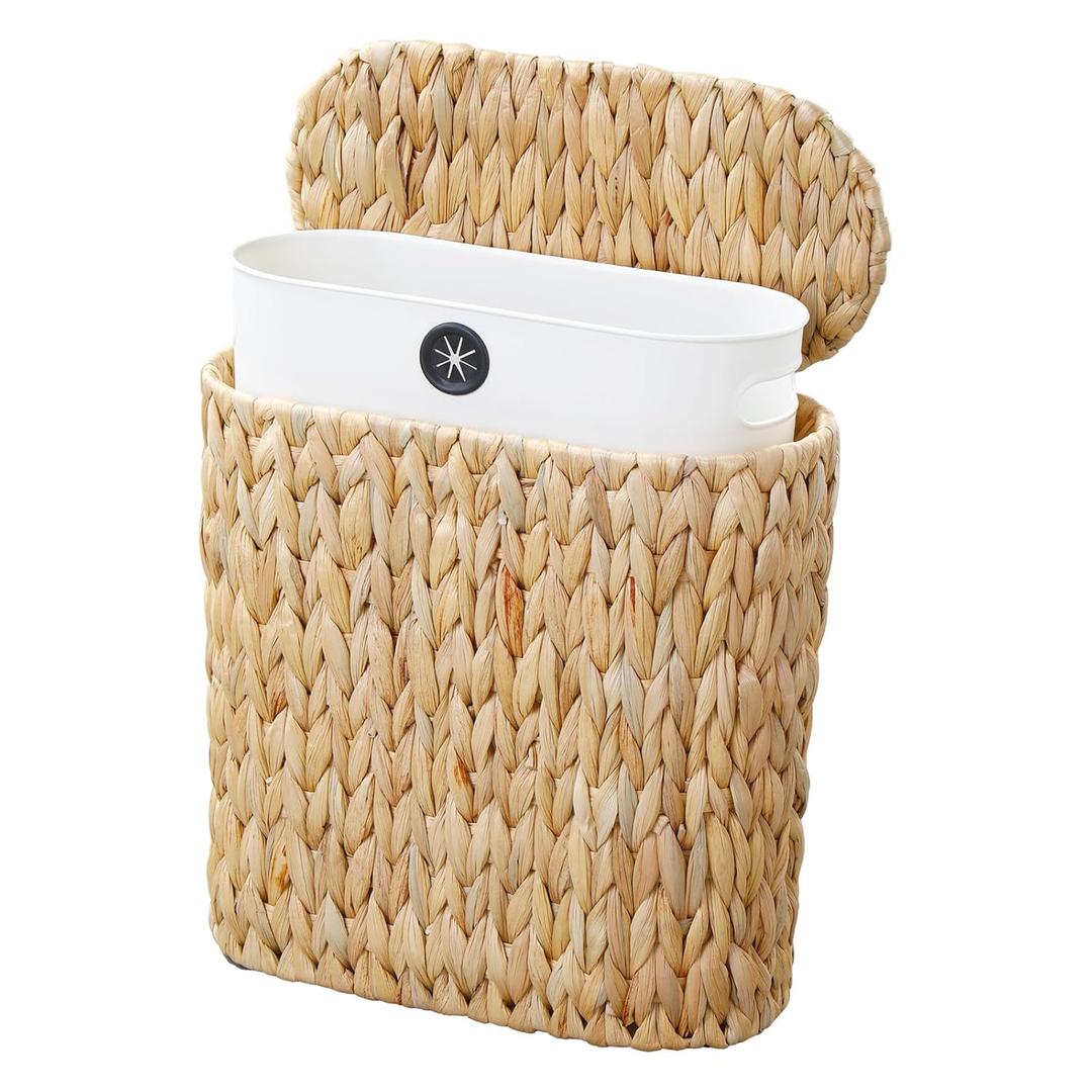Coeusy 3 Gallon Wicker Trash Can,Small Bathroom Trash Can with Lid,Natural Water Hyacinth Wicker Waste Basket for Bedroom,Toilet,Narrow Garbage Can with Removable Liner