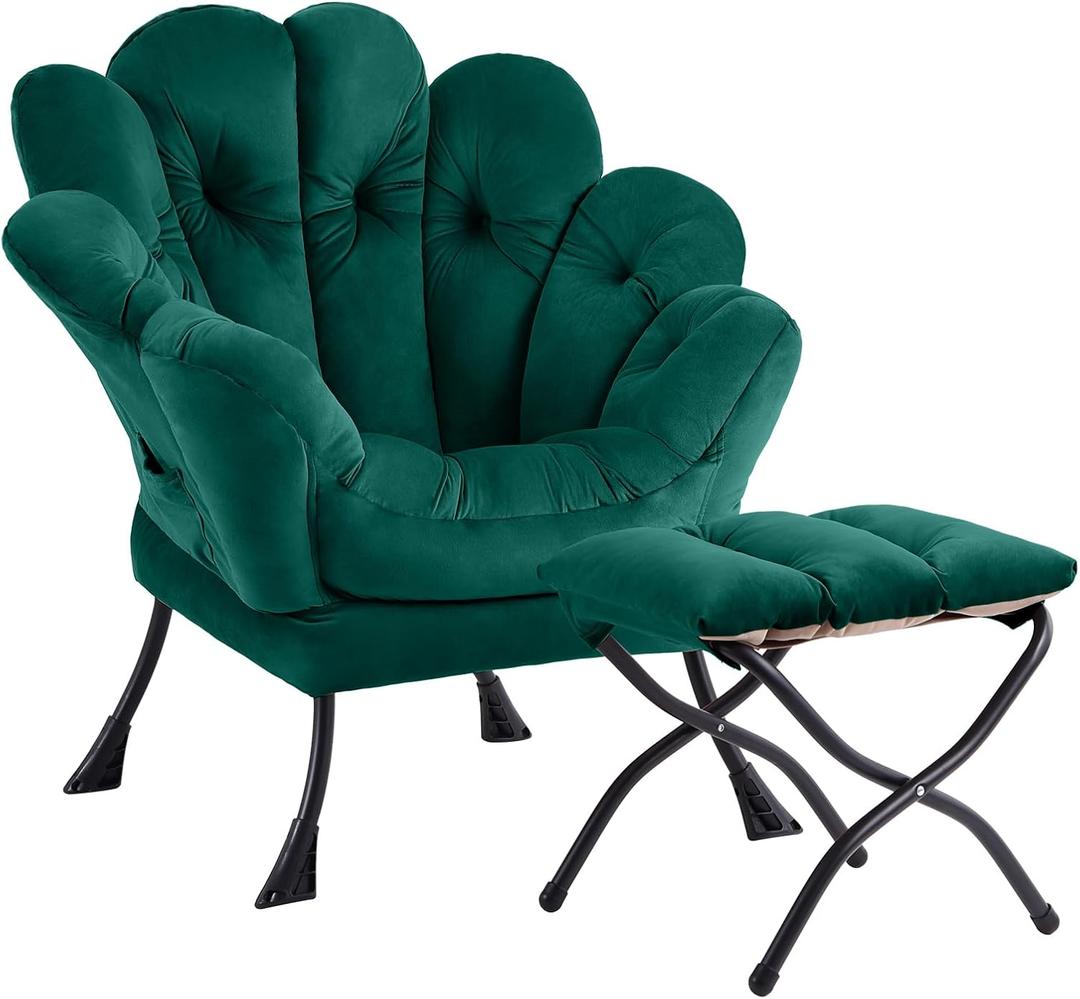 Welnow 2025 Lazy Chair with Ottoman, Comfy Reading Chair Lounge Accent Chair Modern Floral Chair with Footrest Butterfly Leisure Living Room Chair for Small Spaces, Bedroom, Dorm Room, Dark Green