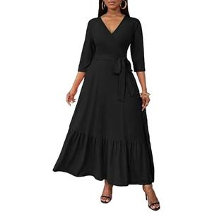 FANDEE Long Flowy Dresses for Women Summer V Neck Maxi Dress with Pockets, 3 4 Sleeve Solid Tie Belt A Line Tiered Dresses, L