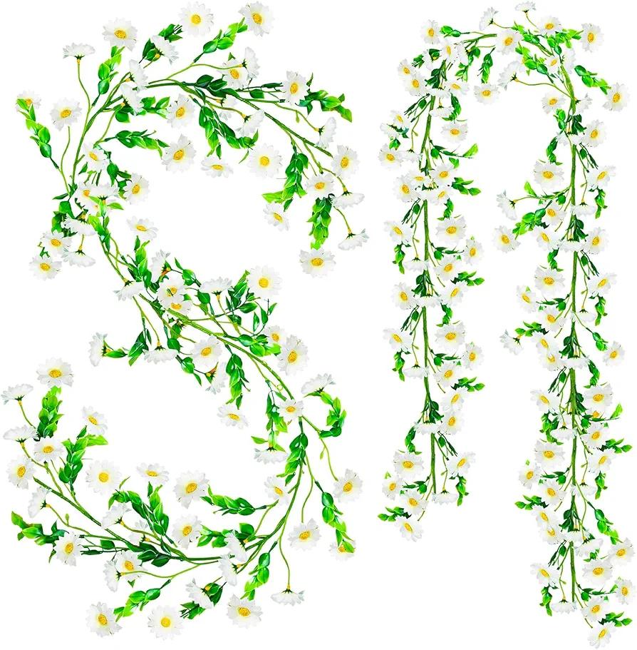 2 Pack Artificial Daisy Flowers Vine, 13.6 Ft Silky Artificial Garland with White Daisy and Vine Floral Garlands Decoration for Room Wall, Flower Themed Party, Wedding Supplies