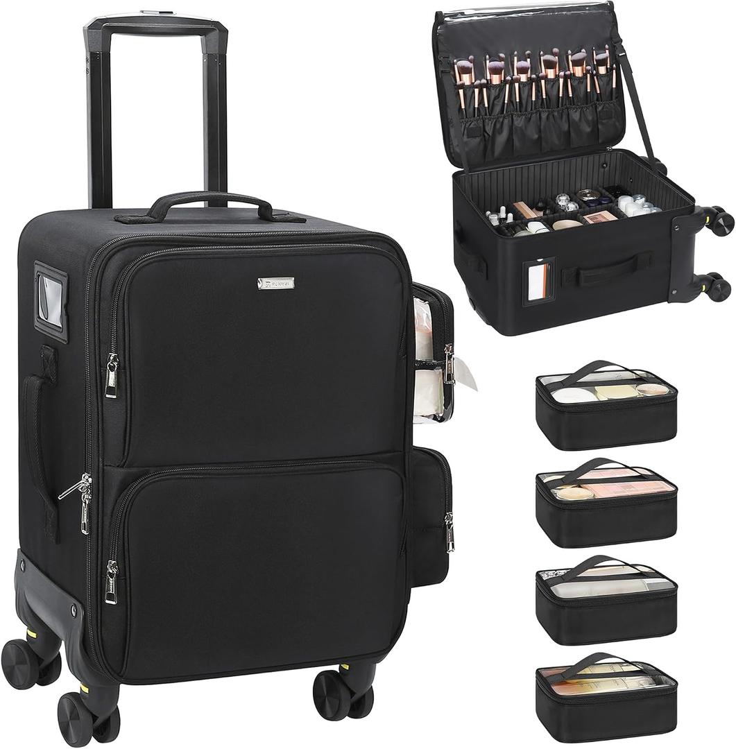 Relavel Rolling Makeup Case, Professional Makeup Artist Bag Extra Large Makeup Train Case Cosmetology Case on Wheels Cosmetic Brush Organizer Box with 4 Clear Set Bags, 360° Spinner Wheels, Black