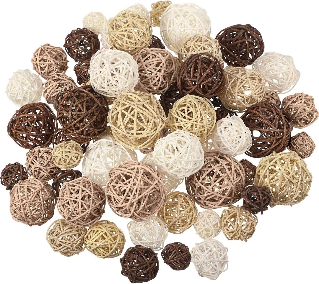 Patelai 72 Pcs Wicker Rattan Balls Decorative Balls for Vase Centerpiece Bowls Orbs Filler for Spring Summer Craft Home Decor, 4 Sizes(White, Wood, Camel, Coffee)