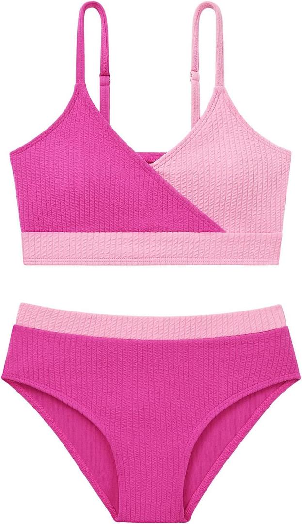Girl's 2 Piece Swimsuit Solid Spaghetti Strap Bikini Sets Beach Bathing Suit Swimwear for Teen Girls (9-10 Years, Rose Red+pink)