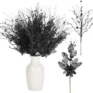 Yunlly 24 Pcs Black Christmas Tree Picks and Sprays Glitter Berry Stem Branches Artificial Christmas Picks Twigs Xmas Tree Ornaments for DIY Xmas Wreath Vase Filler Decorations
