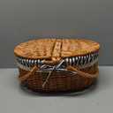 Wicker Picnic Basket with Handle, 15" Large Picnic Basket with Lid & Removable Liner, Vintage Hand Woven Basket with Blanket for Picnics, Camping, Thanksgiving, and Birthday (3-person, Grey-white Stripes)