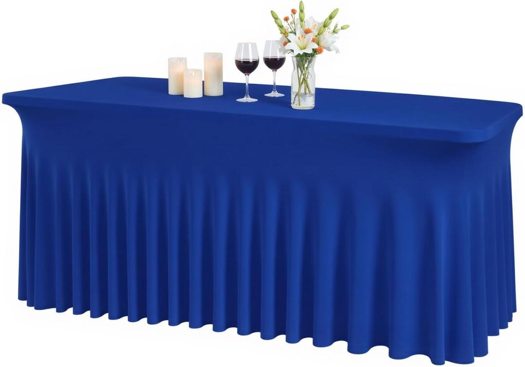 JCJ Table Skirt for Rectangle Tables Spandex Fitted Royal Blue Tablecloths for 6FT Tables, Wrinkle Resistant Ruffles Elastic Table Cover Skirts for Teacher Desk Weddings Banquets Parties