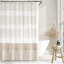 Awellife Boho Beige Shower Curtain for Bathroom Stripe Tassel Shower Curtain 84 X 72 Inches Farmhouse Cotton
