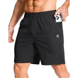 GGJ Men's Lightweight Athletic Shorts with Zipper Pockets 7"/5"/9" Gym Workout Running Quick Dry Tennis Shorts for Men (Large, Black)
