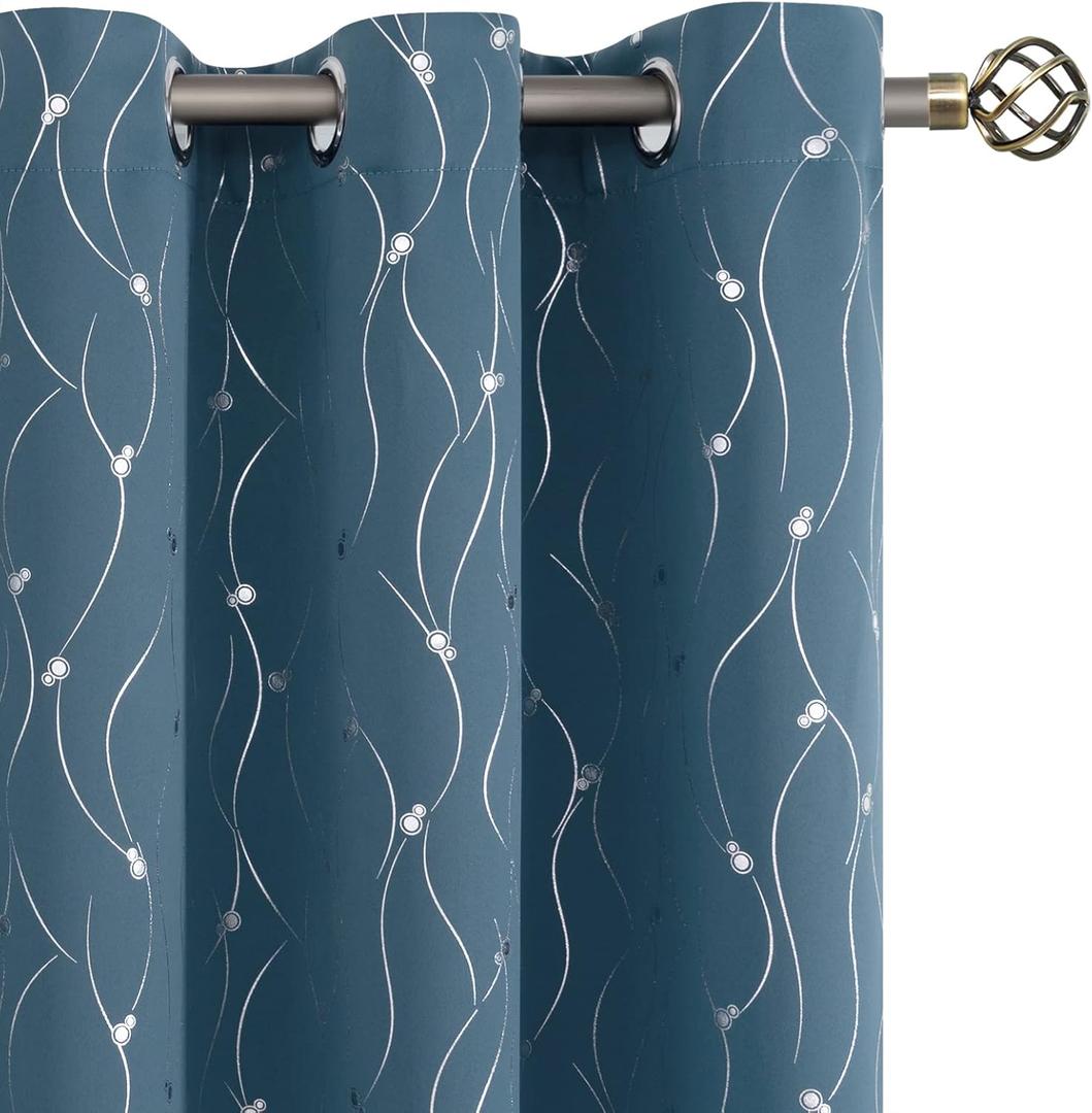 BGment Room Darkening Curtains 63 Inches Long, Grommet Thermal Insulated Blackout Curtains with Wave Line and Dots Printed for Bedroom, 2 Panels, Each 42 x 63 Inch, Steel Blue