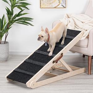 Wooden Adjustable Pet Ramp for All Dogs and Cats - Non Slip Carpet Surface and Foot Pads - 40" Long and Adjustable from 12 to 24 - Up to 200LBS - Folding Dog Car Ramps for SUV, Bed, Couch (Burlywood(black))