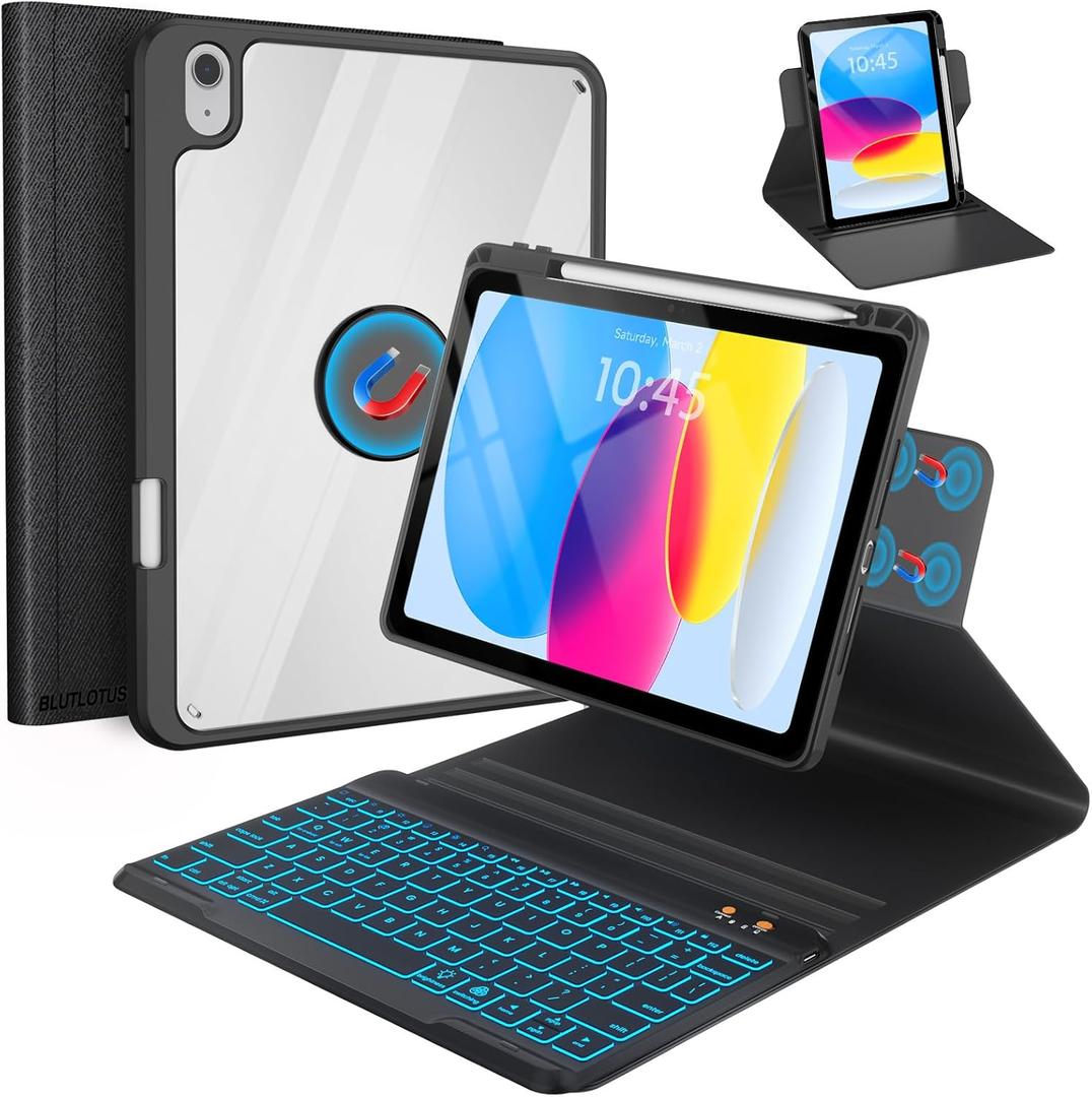BLUTLOTUS for iPad 11th (A16) 10th Generation Case with Keyboard (2025/2022) - 360 Rotatable Magnetic Folio Cover, 7 Color Backlit Detachable Keyboard with Pencil Holder (Black)