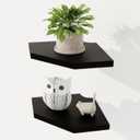 Fun Memories Corner Shelf Wall Mount Set of 2 - Solid Oak Wood Floating Corner Shelf with Cable Hole, 7in Rustic Design for Bedroom, Living Room, Kitchen (Black) (Diamond Shape, 7" x7")
