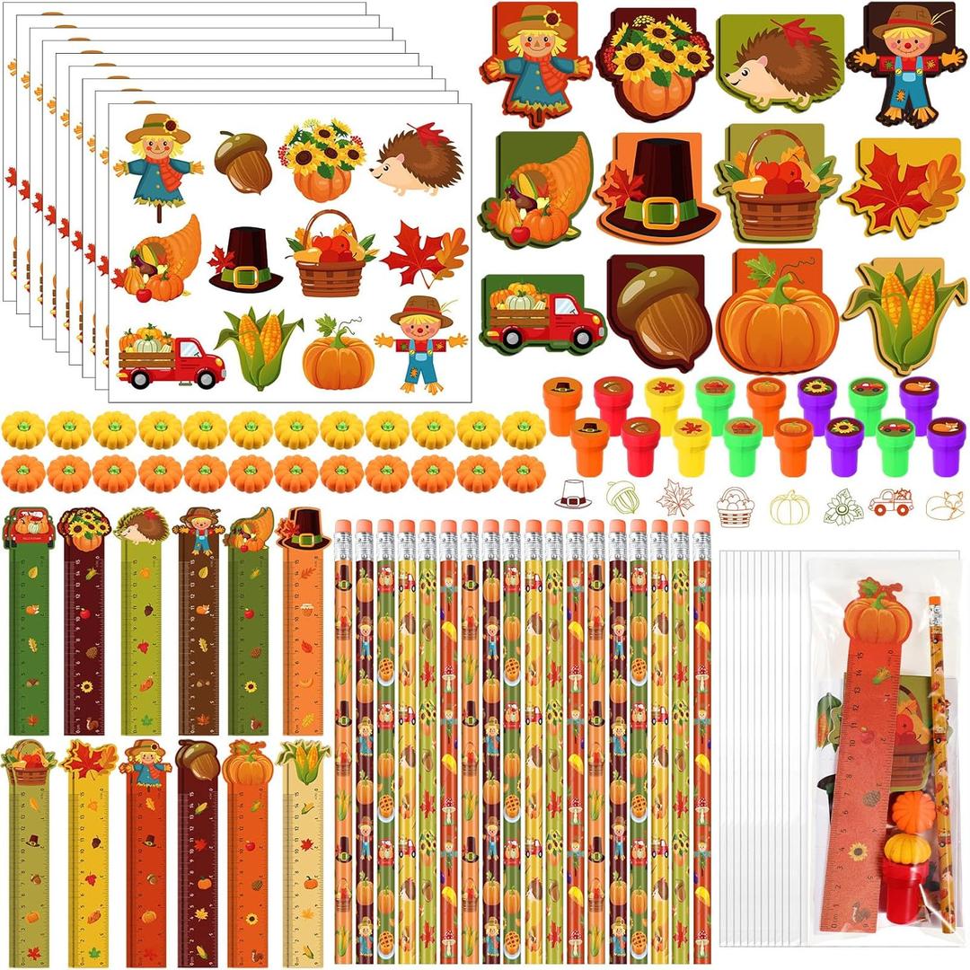 Cholemy 84 Pcs Fall Pumpkin Party Favor Thanksgiving Party Supplies Pumpkin Maple Stationery Set Notebook Sticker Stamper Eraser Ruler Pencil for Autumn Baby Shower Birthday Gift Prize