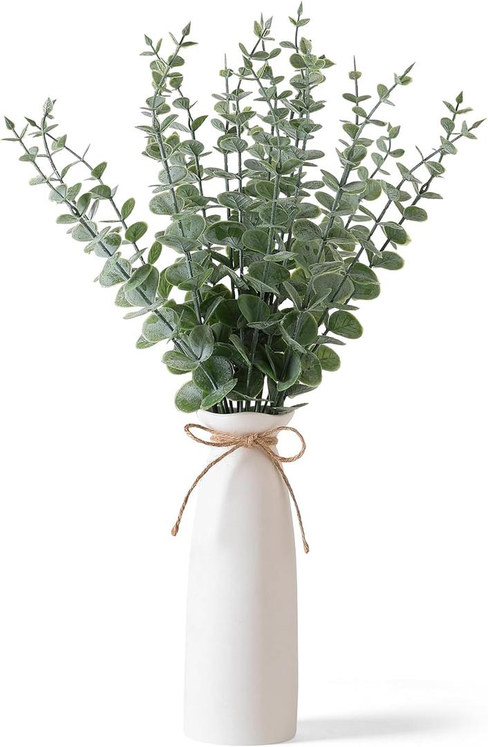 Vase with Greenery, 20pcs Artificial EucalyptusStems in White Vase, Boho Home Decor Plant, 19" Decorative Fake Plants for Home Farmhouse Mantle Centerpiece Decor
