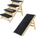 Wood Pet Stairs/Pet Steps, 2-in-1 Foldable Wooden Dog Stair for Beds, Couches, Sofa and Cars, Dog Stairs & Non-Slip Adjustable Ramp with 4 Steps for Small Medium Large Pet