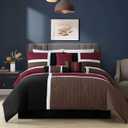 Chezmoi Collection Upland 7-Piece Quilted Patchwork Comforter Set, Burgundy/Black/Brown, Full