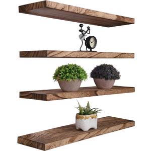 Wood Floating Shelves for Wall Decor, Rustic Wall Shelves for Bedroom Bathroom Kitchen Living Room, Set of 4 Light Walnut 24 Inch