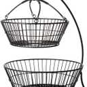 Gourmet Basics by Mikasa Tully 2-Tier Iron Storage Basket with Banana Hanger, Breathable Basket Organizer for Fruits, Vegetables, Snacks - Modern & Decorative Fruit Bowl, 12"x17" (Black)