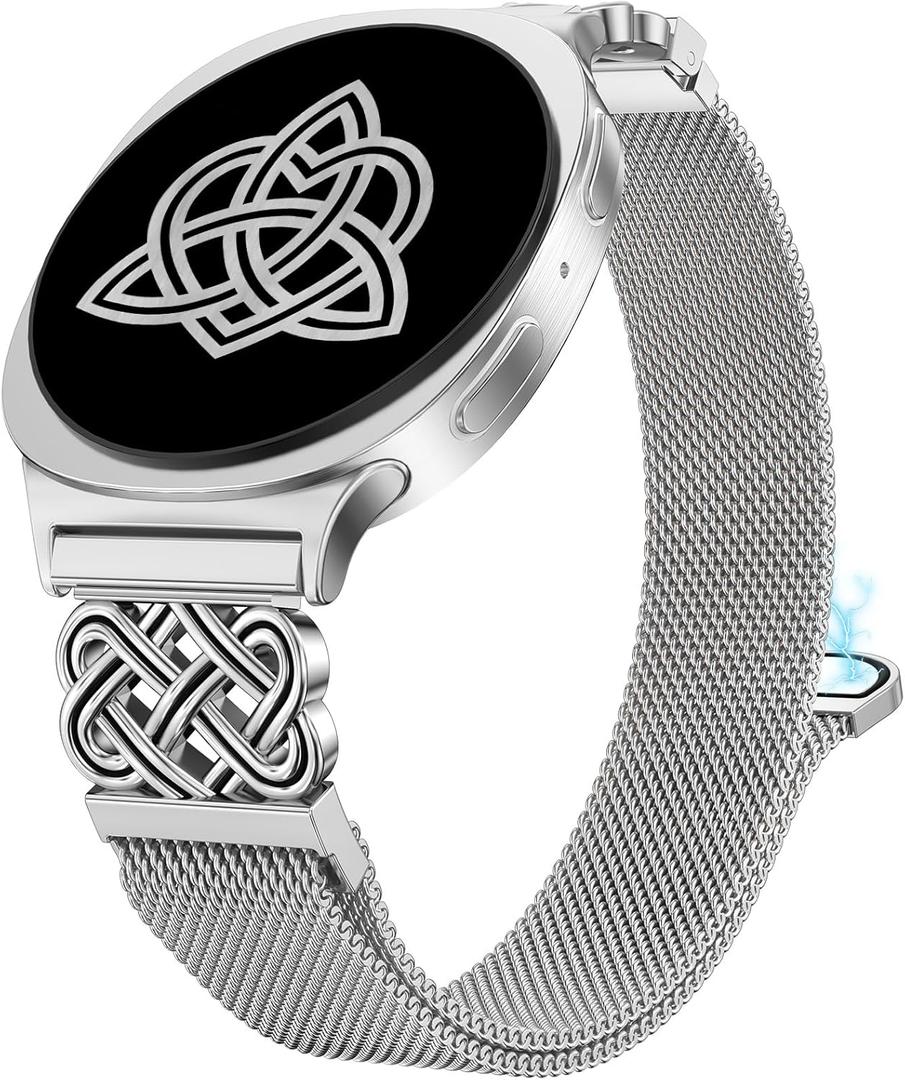 Stainless Steel Magnetic Loop Compatible with Samsung Galaxy Watch 8 40mm 44mm/Watch 8 Classic 46mm(2025) Women Metal Mesh Celtic Knot Dressy Strap (Silver/Black)