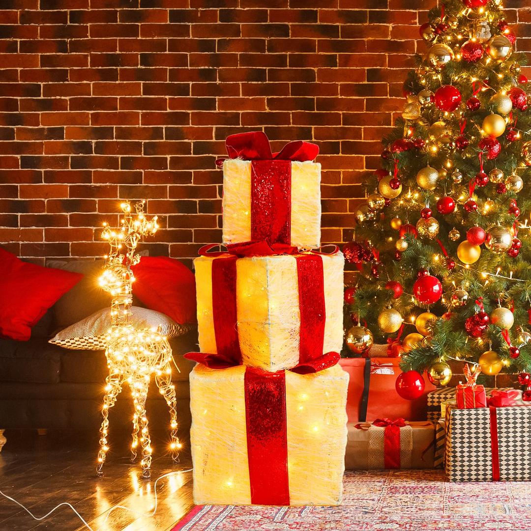 Set of 3 Christmas Lighted Gift Boxes, 60 LED Light Up Present Boxes with Silver Tinsel for Christmas Decorations Indoor Outdoor Yard Xmas Tree Holiday Party Lawn Porch Home Decor