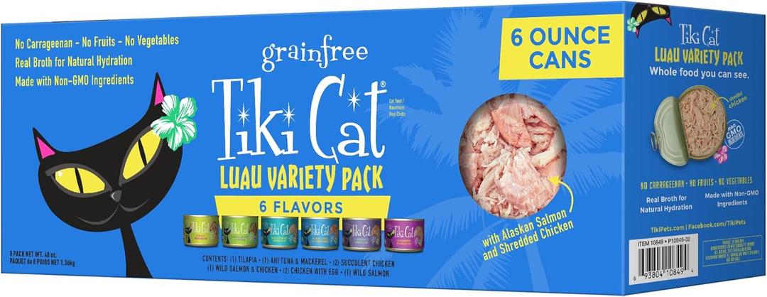 Tiki Cat Luau Variety Pack, Succulent Combinations of Real Shredded Protein in a Rich Flavorful Consumme, Grain-Free Balanced Nutrition Wet Canned Cat Food, for All Life Stages, 6 oz. Can (8 Count) (EXP 04/01/28)