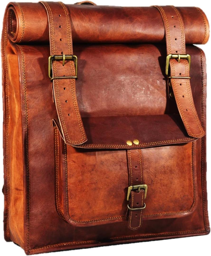 URBAN DEZIRE Men's 17 inch Leather Vintage Roll On Laptop Backpack Rucksack Knapsack College Bag