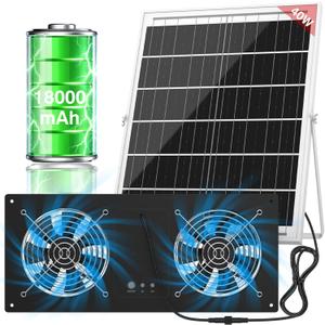 40W Solar Powered Exhaust Fan with 18000mAh Battery & Timer, 3500RPM High-Speed Waterproof Ventilation Fan for Chicken Coop, Greenhouse, Shed, Pet House & Window