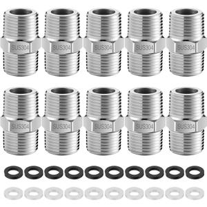 10 Pack Shower Hose Extension Connector Kit,1/2 to 1/2 Shower Hose Adapter,Applied to Connect Two Hoses, Includes Rubber Washers and 2 Plumber's Tapes for Leakproof Extension,304 Solid Stainless Steel