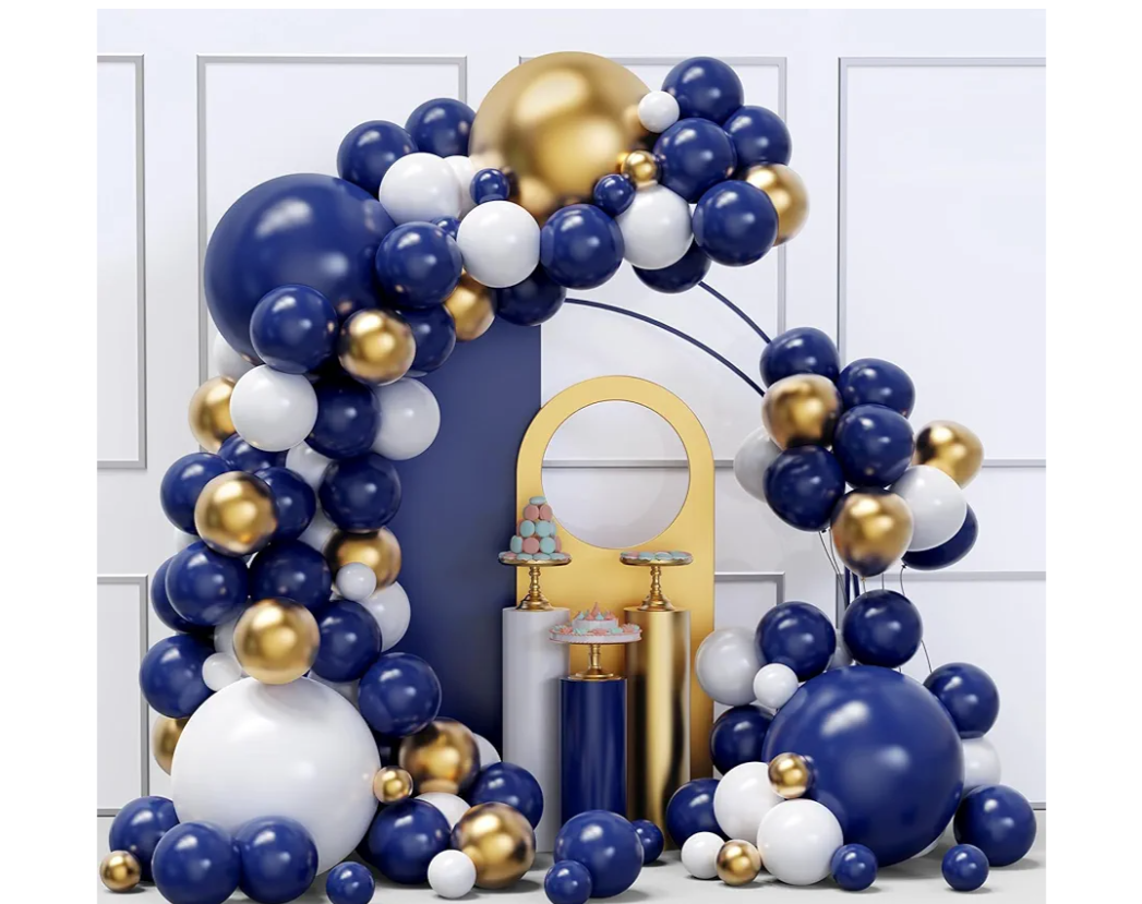 Blue and Gold Balloons Arch Garland Kit, cs Navy Blue Gold White Balloons with Different Size for Graduation, Birthday, Anniversary Party Decoratio