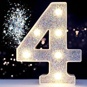 Pooqla Marquee Numbers Lights, Light up Silver Numbers, Glitter Numbers Night Light Battery Powered for Christmas Wedding Home Bar Birthday Party Decoration, Silver Number 4