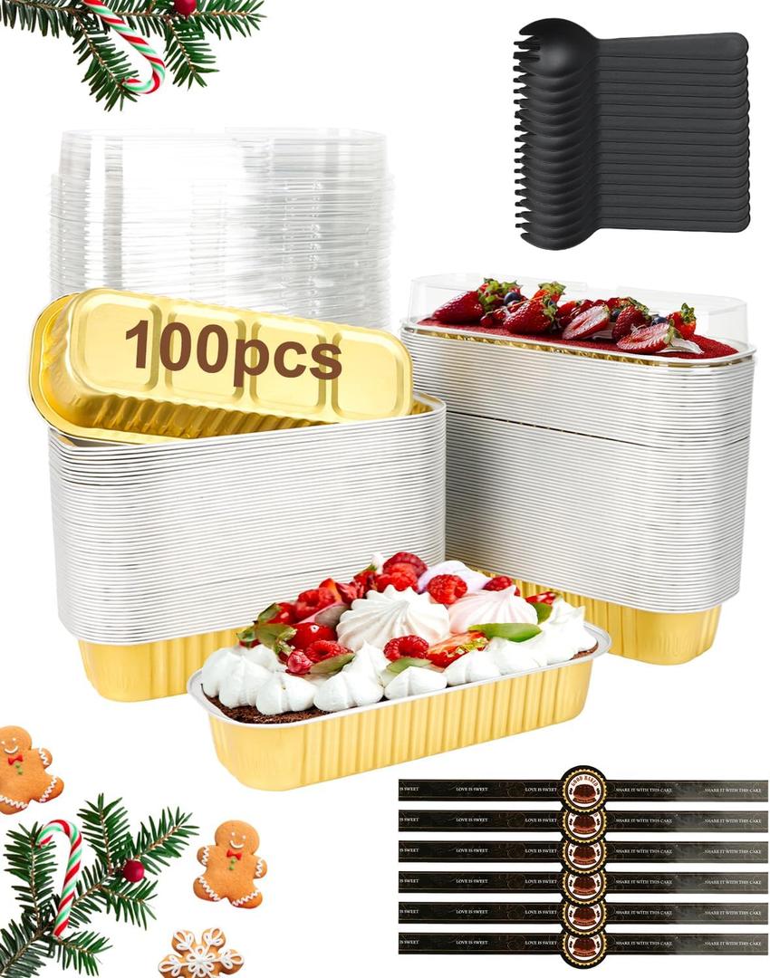 100 Pack Mini Loaf Pans with Lids, Spoons & Stickers Disposable Aluminum Foil Baking Cake Containers for Oven, Air Fryer & Freezer Ideal for Cakes, Bread, Pudding, Parties & Gifting, Gold