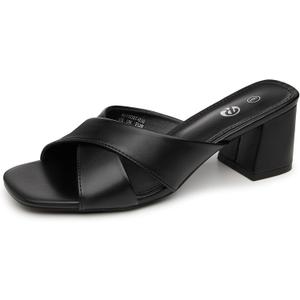 Rekayla Women's Square Open Toe Heels Heeled Sandals Low Block Chunky Heels Cross Strap Slip on 2.5 Inch Heel Sandals Comfortable Casual Summer Mules Shoes, Black US 9.5