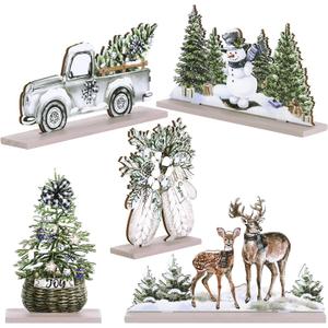 Huwena 5 Pcs Christmas Table Decorations Wooden Christmas Table Centerpieces Joy Sign Snowman Reindeer Gloves Signs for Winter Holiday Snow Xmas Dinner Coffee Tier Tray Decor(Reindeer,White) (Brown)