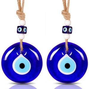 BCS - 2 Pcs Blue Evil Eye Decor Home Wall Hanging 3.5" Glass Handmade Turkish Nazar Amulet Good Luck and Protection Charm