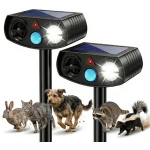 Solar Ultrasonic Animal Repeller Outdoor, Motion Sensor Waterproof Pest Deterrent, Raccoon Skunk Fox Squirrel Rabbit Dog Cat Deer Repellent for Yard Garden Farm, 33ft 120 Coverage, 2 Pack Black