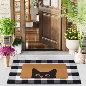 Welcome Door Mat Combo Set, 28" x 43" Black and White Plaid Mat +17" x 30" Cat Welcome Mat, 2 PCS Doormat Set for Front Door, Entrance, Porch Decor, Non-Slip