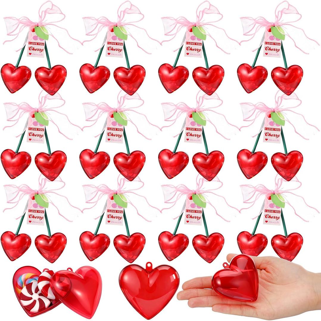 AceOrbit 12 Pcs Valentine's Day Cherry Plastic Heart Containers 4.7 Inch Red Cherry Shaped Filled Gift Candy Box with Cards Bow Valentine Hanging Ornament for Wedding Party Favor Exchange Supplies
