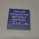 Luipk God Is Still Writing Your Story Navy Blue Wood Box Sign Desk Decor 5X5, Christian Scripture Bible Verse Prayer Room Block Sign Decorations for Home Office Wall Tabletop Shelf Decor