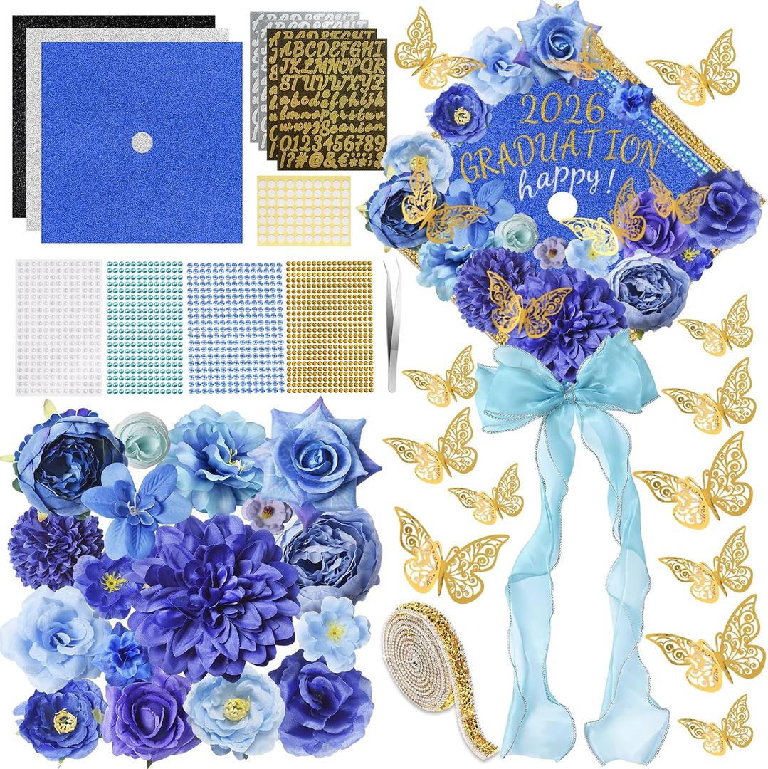 Culsfri 44PCS DIY Graduation Cap Decorations Kit,Grad Cap Decorations with Faux Flowers Rhinestones Stickers 3D Butterfly Bow Alphabet Letter Number Stickers for 2026 Graduation Party Supplies(Blue)