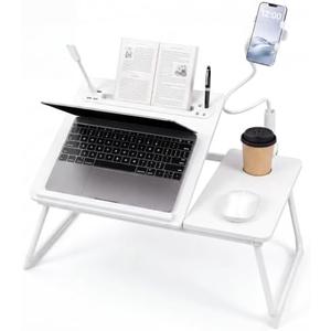 Nuanchu White 2 Pcs 23.6 in Laptop Desk for Bed with Adjustable Stand, Lap Desks for Adults, Bed Tray with Drawer & Phone Holder, Dorm Room, College Dorm (5 Gears)