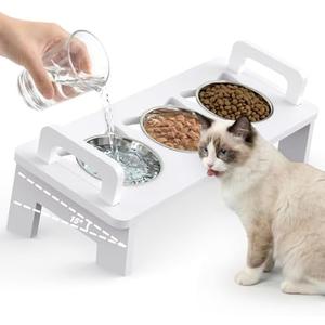 Bamboo Elevated Cat Bowls, 3 Stainless Steel Raised Cat Bowl with Stand, 15°Tilted Cat Feeding Station, Cat Food and Water Bowl Set for Small Cats, Anti Vomitting, Whisker Fatigue (Natural) (White)
