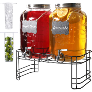 2 Gallon Drink Dispensers for Parties, 2 Pack Beverage Dispensers with Stand, Glass Water Jug Dispenser, with 18/8 Stainless Steel Spigot, Great for Party, Wedding, Picnic, BBQ