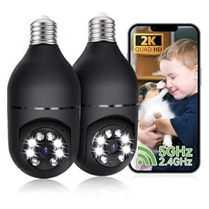 2K Light Bulb Security Camera, 2.4/5GHz Wi-Fi 6 Security Cameras Wireless Outdoor, 360 PTZ Cameras for Home Security with Color Night Vision, Human Detection, 2 Way Talk, Easy Installation, 2 Pack