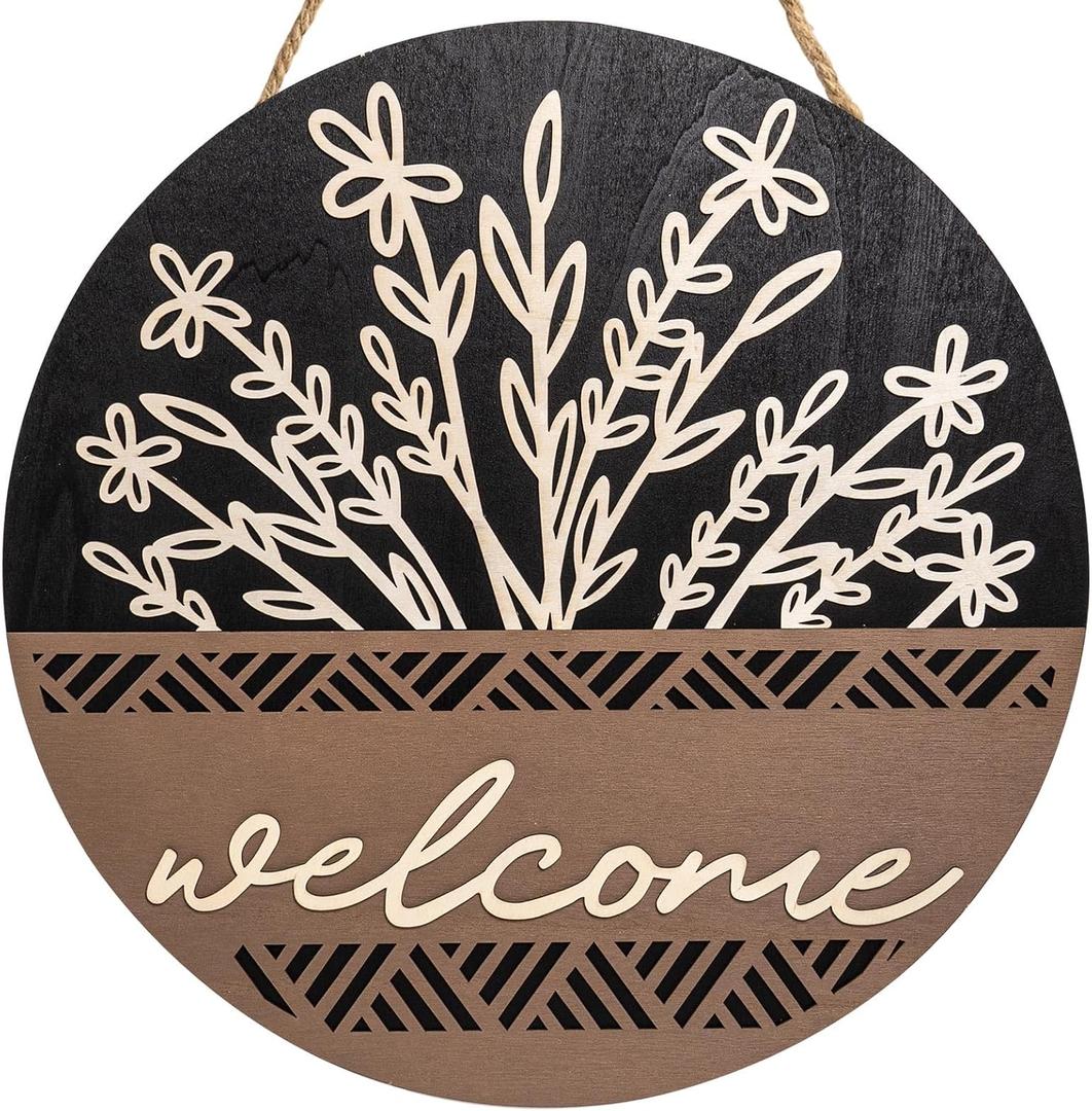 3D 17.7" Welcome Sign for Front Door, Large Black Wooden Flower Door Hanger, Rustic Round Wood Plaque Wall Hanging Decor for Front Porch Outdoor Farmhouse Home Decorations HouseWarming Gift,BLack 