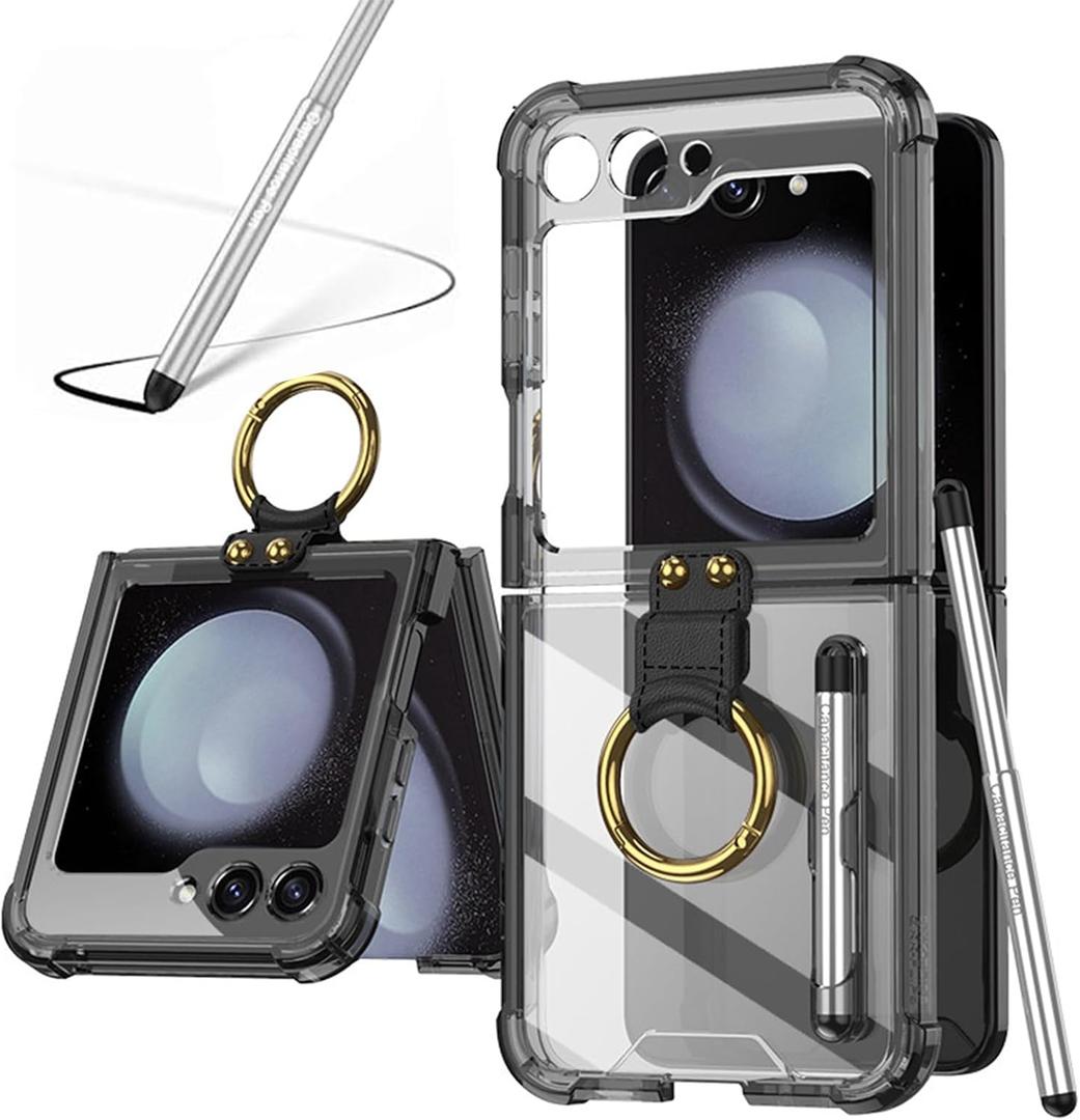 for Samsung Galaxy Z Flip 5 Clear Case with Pen and Ring,Ultra Thin Transparent Anti-Fall Phone Protective Cover for Samsung Galaxy Z Flip 5 5G (ZFlip5-Ring-Black)