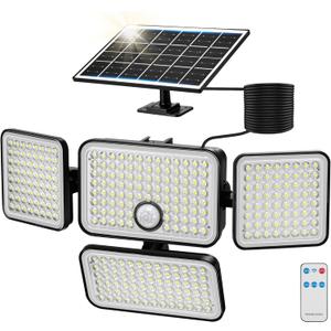 1PC 3000LM Solar Flood Lights Outdoor with Upgrade Solar Panel, 4 Head Motion Sensor Lights Flood Light with Extension Cord
